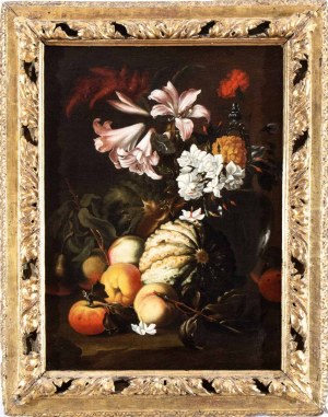 Abraham Brueghel (Anversa 1631-Napoli 1697), Zátiší s dýní, broskvemi a karafiáty, hyacinty a liliemi ve džbánu
