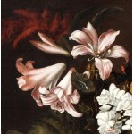 Abraham Brueghel (Anversa 1631-Napoli 1697), Nature morte à la citrouille, aux pêches et aux œillets, jacinthes et lys dans une cruche