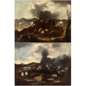 Ciriaco Parmigiani (attribuito a) (Piacenza 1641-Piacenza 1704), a) bataille de cavalerie dans un champ ouvert ; b) bataille de cavalerie près d'un pont. Paire de peintures
