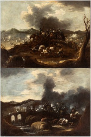 Ciriaco Parmigiani (attribuito a) (Piacenza 1641-Piacenza 1704), a) jezdecká bitva v otevřeném poli; b) jezdecká bitva u mostu. Dvojice obrazů