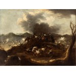 Ciriaco Parmigiani (attribuito a) (Piacenza 1641-Piacenza 1704), a) Cavalry battle in an open field; b) cavalry battle near a bridge. Pair of paintings