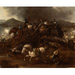 Ciriaco Parmigiani (attribuito a) (Piacenza 1641-Piacenza 1704), a) Cavalry battle in an open field; b) cavalry battle near a bridge. Pair of paintings
