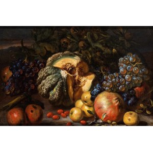 Giovanni Paolo Castelli Lo Spadino (attribuito a) (Roma 1659-Roma 1730), Natura morta con melone, melograni, mele e uva