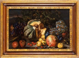 Giovanni Paolo Castelli Lo Spadino (attribuito a) (Rím 1659 - Rím 1730), Zátišie s melónom, granátovými jablkami a hroznom