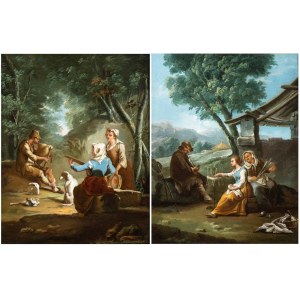 Paolo Monaldi (Rím 1710 - Rím po 1779), a) Krajina s roľníckym koncertom; b) Krajina s roľníkmi pri práci. Dvojica obrazov.
