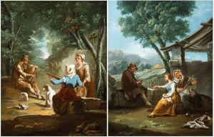 Paolo Monaldi (Rím 1710 - Rím po 1779), a) Krajina s roľníckym koncertom; b) Krajina s roľníkmi pri práci. Dvojica obrazov.