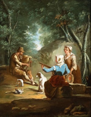 Paolo Monaldi (Řím 1710 - Řím po 1779), a) Krajina s rolnickým koncertem; b) Krajina s rolníky při práci. Dvojice obrazů.