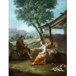 Paolo Monaldi (Roma 1710-Roma post 1779), a) Paesaggio con concerto di contadini; b) Paesaggio con contadini al lavoro. Coppia di dipinti.