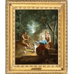 Paolo Monaldi (Roma 1710-Roma post 1779), a) Paesaggio con concerto di contadini; b) Paesaggio con contadini al lavoro. Coppia di dipinti.