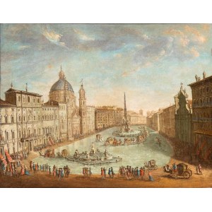 Artista attivo a Roma, XVIII secolo, Veduta di Piazza Navona allagata con giro in carrozza