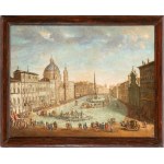 Artista attivo a Roma, XVIII secolo, Pohled na zaplavené náměstí Piazza Navona s projížďkou v kočáře