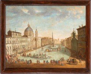 Artista attivo a Roma, XVIII secolo, widok na zalany Piazza Navona z przejażdżką powozem
