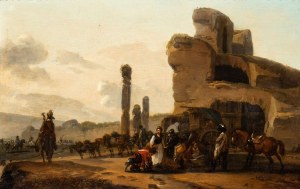 Claude Michel Hamon Duplessis (Versailles 1770 ca.-dopo il 1799), Cavalry halt at Roman ruins