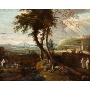 Artista veneto, XVIII secolo, Landschaft mit Wanderern, Mönchen und Wäscherinnen, die in der Nähe eines Baches rasten