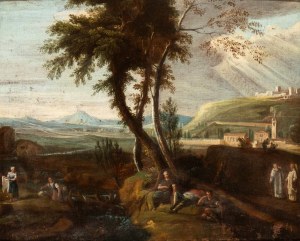 Artista veneto, XVIII secolo, Krajina s poutníky, mnichy a pradlenami zastavujícími se u potoka