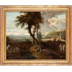 Artista veneto, XVIII secolo, Landschaft mit Wanderern, Mönchen und Wäscherinnen, die in der Nähe eines Baches rasten