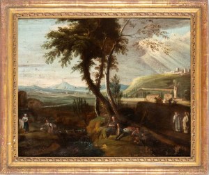 Artista veneto, XVIII secolo, Landscape with wayfarers, monks and washerwomen pausing near a torrent