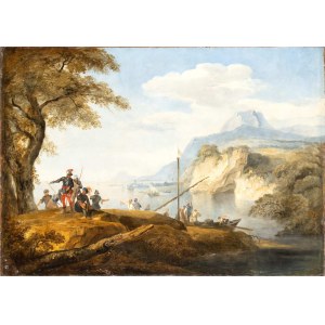 Artista attivo a Napoli, XVIII secolo, Pobřežní krajina s vojáky, rybáři a loděmi