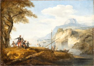 Artista attivo a Napoli, XVIII secolo, Küstenlandschaft mit Soldaten, Fischern und Booten