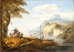 Artista attivo a Napoli, XVIII secolo, Coastal landscape with soldiers, fishermen and boats
