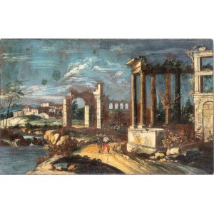 Artista veneto, XVIII - XIX secolo, Capriccio con rovine classiche, fiume e figure