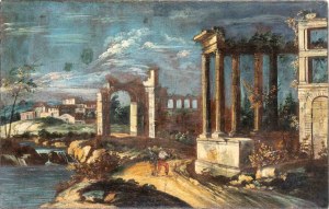 Artista veneto, XVIII - XIX secolo, Capriccio mit klassischen Ruinen, Fluss und Figuren