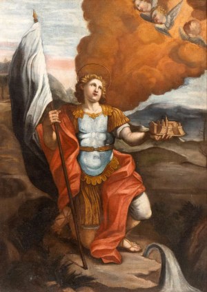 Artista emiliano, XVIII secolo, Svätý bojovník s modelom citadely (sv. Viktor Mučeník?)