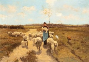 Anton Mavue (Zaandam 1838-Arnhem 1888), Shepherdess with flock