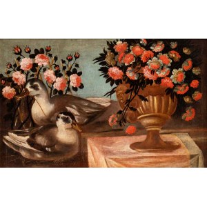 Artista centro-italiano, XVIII secolo, Martwa natura kwiatowa z dwiema kaczkami