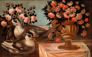Artista centro-italiano, XVIII secolo, Zátišie s kvetmi a dvoma kačkami