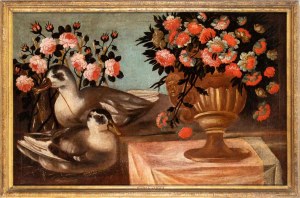 Artista centro-italiano, XVIII secolo, Still life of flowers with two ducks