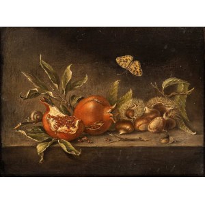 Artista attivo a Roma, XVII secolo, Natura morta con castagne, melograni e farfalle