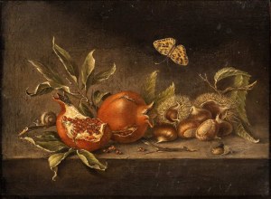 Artista attivo a Roma, XVII secolo, Still life with chestnuts, pomegranates and butterfly