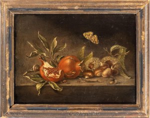 Artista attivo a Roma, XVII secolo, Still life with chestnuts, pomegranates and butterfly