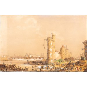 Artista olandese, XVIII secolo, Veduta di Parigi con il Pont Neuf e Notre Dame sullo sfondo