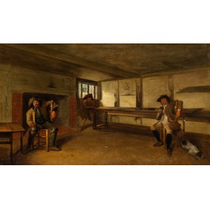 Artista olandese, XIX secolo, Interior of tavern with resting hunters