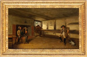 Artista olandese, XIX secolo, Wnętrze tawerny z odpoczywającymi myśliwymi