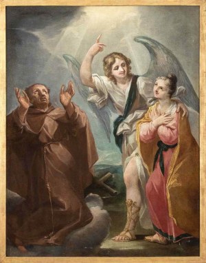 Scuola romana, XVIII secolo, Guardian angel with donor and Franciscan friar
