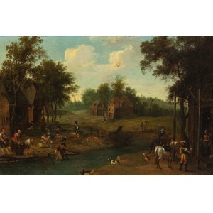 Artista olandese, XVIII secolo, Landscape with stream, village and figures