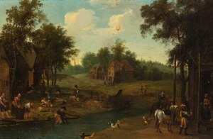 Artista olandese, XVIII secolo, Pejzaż ze strumieniem, wioską i postaciami