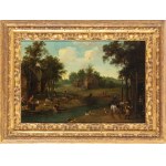 Artista olandese, XVIII secolo, Landscape with stream, village and figures