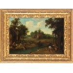Artista olandese, XVIII secolo, Paysage avec ruisseau, village et personnages
