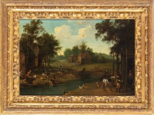 Artista olandese, XVIII secolo, Landscape with stream, village and figures