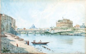 Adelchi De Grossi (Oneglia 1852-Roma 1892), Widok na Castel Sant'Angelo i San Pietro z brzegów Tybru