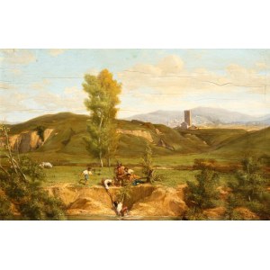 Artista attivo a Roma, XVIII - XIX secolo, Rettungsszene in der römischen Landschaft