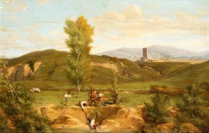 Artista attivo a Roma, XVIII - XIX secolo, Rettungsszene in der römischen Landschaft