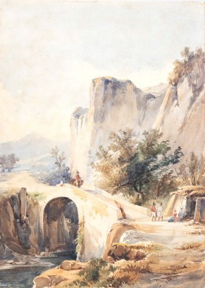 Artista attivo a Roma, XVIII - XIX secolo, Ansicht mit Brücke und Menschen in Trachten