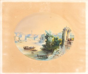 Artista attivo a Roma, XVIII - XIX secolo, Pohľad na Tiber s Ponte Rotto, chrámom Ercole Vincitore a San Giorgio al Velabro