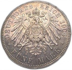 Nemecké štáty Hesensko-Darmstad, 5 Mark 1904,Rare