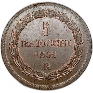 Itálie Papežské státy, 5 Baiocchi, 1851 R